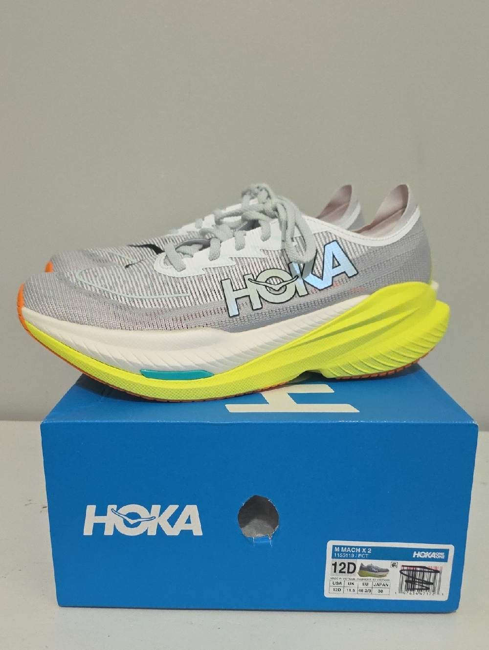 Hoka Men's Performance Shoe in Light Gray, Neon Yellow & Aqua